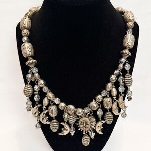 Three Ladies Celestial Silver Tone Necklace - Sun, Moon & Cat Charms/Beads